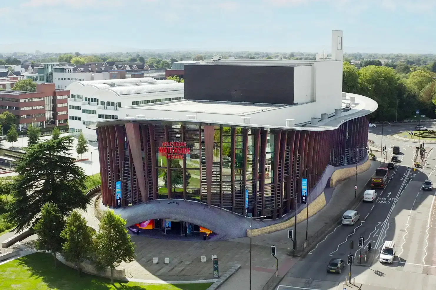 modern theatre in marlow drone perspective