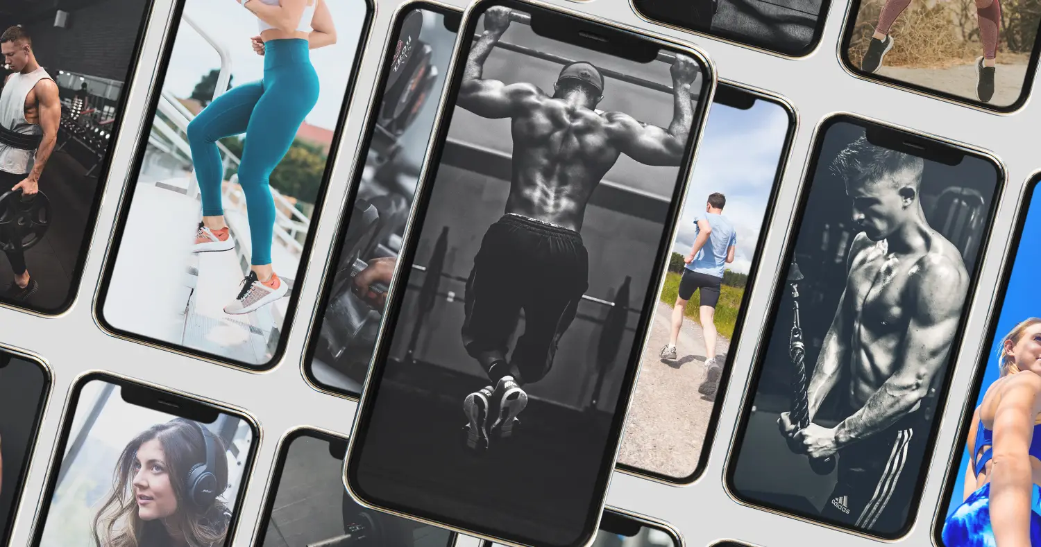 multiple phones displaying different people working out